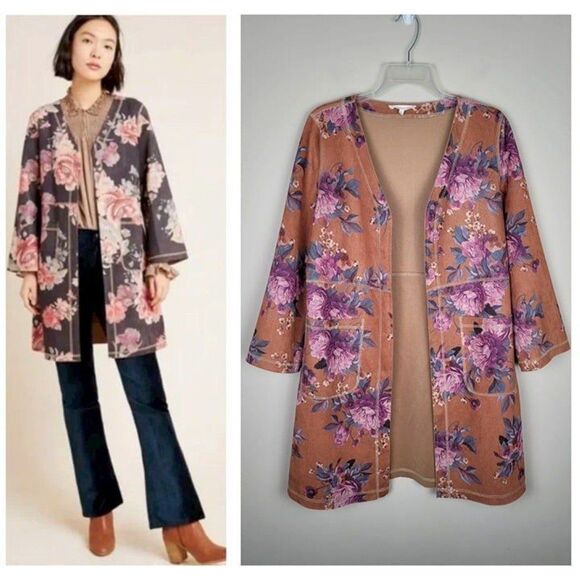 Solitaire Size S Floral Faux Suede Open Front Kimono Jacket Duster Multicolor - Picture 1 of 12